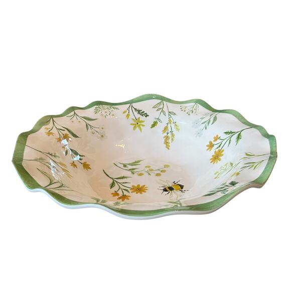 Shabby Chic Green Floral Bumblebee Melamine Serving Bowl 14" Round Scalloped NEW - Picture 11 of 13